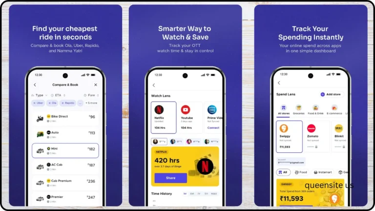 Shopping assistant "Three smartphone screens displaying the Buyhatke app's features: comparing cab prices (Uber, Ola, Rapido), tracking hours spent on OTT platforms (Netflix, YouTube), and showing an instant summary of money spent across shopping and food delivery apps."