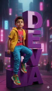 An ultra-realistic digital artwork features a young boy, possibly 5-7 years old, sitting on large, 3D block letters that spell 'DEVA' stacked vertically. The boy is styled in a modern, full-color outfit: a yellow hooded jacket over a red T-shirt, bright turquoise blue cargo pants, and colorful sneakers with orange, green, and white accents. He has a small tilak on his forehead. The letters are a glossy, bold purple and are large enough to serve as a seat, appearing as a real-world object. The background is a dynamic, neon-lit cityscape (like a modern street in a major city) with a deep purple and pink glow, creating a strong contrast with the bright outfit and text. The lighting is dramatic, giving the image an edgy, futuristic, and highly detailed appearance.