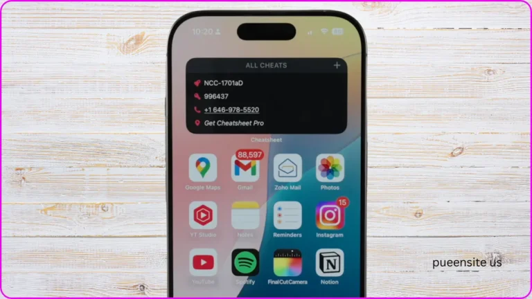 Based on the image provided, the Alt Text should be: **"An iPhone home screen displaying a large, black Cheatsheet widget titled 'ALL CHEATS,' which lists three entries: 'NCC-1701aD,' '996437,' and a phone number. Below the widget, app icons are visible, including Google Maps, Gmail (with an unread count of 88,597), Zoho Mail, Photos, YT Studio, Notes, Reminders, Instagram, YouTube, Spotify, Final Cut Camera, and Notion."**
