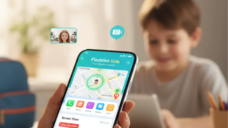 "Mother using the FlashGet Kids Parental Control App on her smartphone, displaying a location map and screen time report, while her child plays with a tablet in the background. The image illustrates real-time digital and physical safety monitoring."