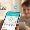 "Mother using the FlashGet Kids Parental Control App on her smartphone, displaying a location map and screen time report, while her child plays with a tablet in the background. The image illustrates real-time digital and physical safety monitoring."