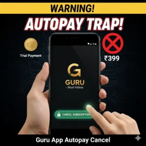 Direct Warning: A screenshot or logo of the "Guru" app with a large, red "WARNING!" or "₹399 AUTOPAY" overlay, perhaps with a cross-out symbol. Money & Cancellation: An image of money (Indian Rupees, like a ₹500 note) being pulled into a phone screen with a "CANCEL" or "STOP" button clearly visible, and the Guru app logo in the corner. App & Trap Visual: A phone screen showing the Guru app, with a small ₹2 coin and a much larger, alarming ₹399 symbol, possibly with a "TRAP" sign.