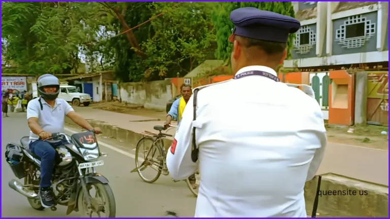 Official NextGen mParivahan app interface showing digital Driving License (DL) and Vehicle Registration Certificate (RC) with a secure QR code.Indian traffic police officer in a white uniform checking vehicles on a city street.Traffic enforcement scene where a police officer interacts with a motorcyclist and a cyclist in India.