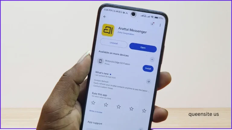Arattai Messenger app by Zoho Corporation on Google Play Store. A person holding a smartphone showing the Google Play Store page for the Arattai Messenger app with the "Open" button visible. Close-up of a hand holding an Android phone displaying the Arattai Messenger app listing on the Play Store, highlighting the Made-in-India messaging rival to WhatsApp.