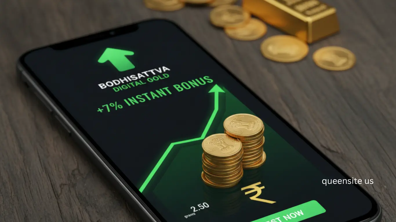 Here are a few options for alt text for that image, ranging from simple to more descriptive, depending on your needs: Option 1 (Concise): Smartphone displaying "Bodhisattva Digital Gold" app with gold coins and "7% Instant Bonus." Option 2 (Descriptive): A close-up of a smartphone screen showing the "Bodhisattva Digital Gold" app interface with a green upward trending graph, stacked gold coins, a rupee symbol, and text highlighting a "7% Instant Bonus" and "Invest Now" button. A gold bar and scattered coins are in the background. Option 3 (Focus on key elements): Bodhisattva Digital Gold app on a phone with gold coins, an investment growth graph, and a bonus offer.