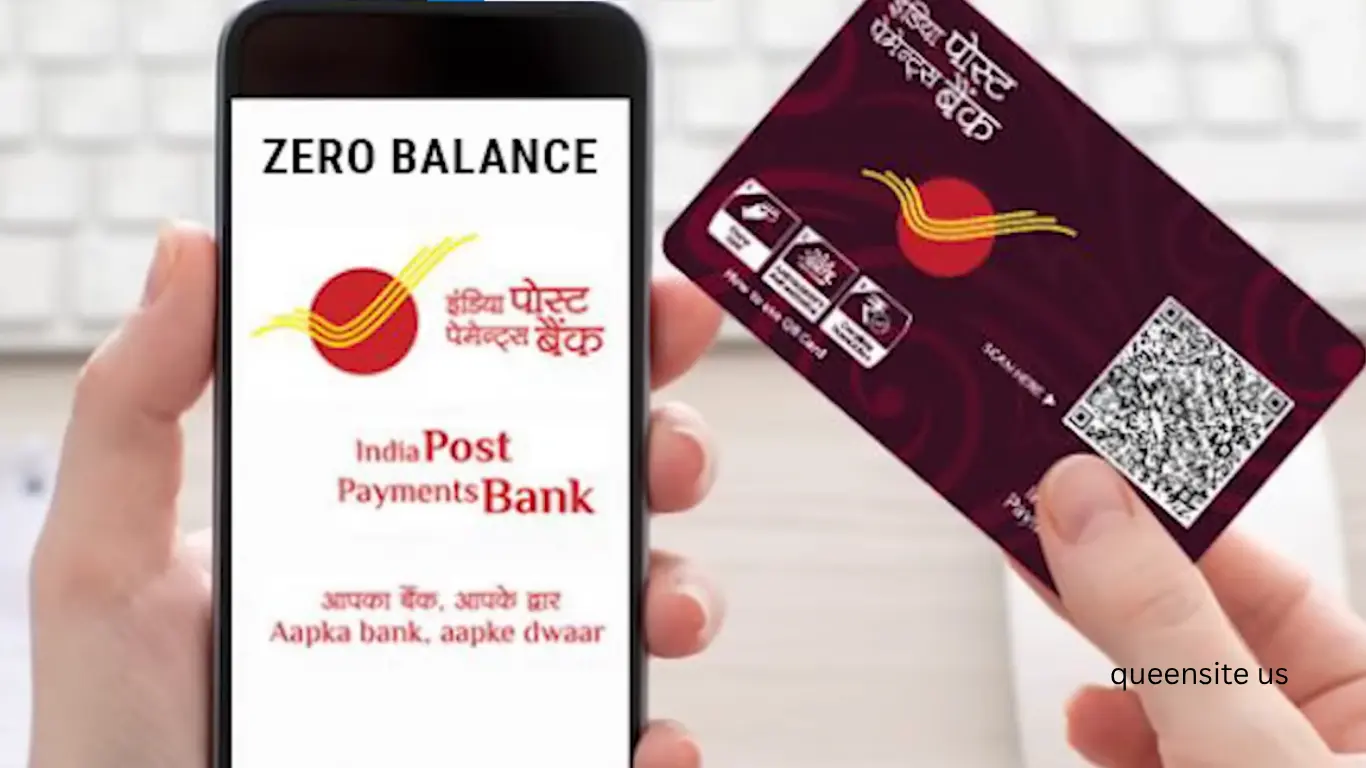 "Person holding a smartphone displaying India Post Payments Bank zero balance account screen and a DigiSmart Savings virtual debit card with QR code and chip features."