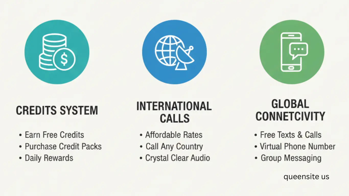 Left (Teal Icon): A stack of coins with a dollar sign. Label: CREDITS SYSTEM Bullet Points: Earn Free Credits Purchase Credit Packs Daily Rewards Center (Blue Icon): A globe with a satellite dish transmitting a signal. Label: INTERNATIONAL CALLS Bullet Points: Affordable Rates Call Any Country Crystal Clear Audio Right (Green Icon): A smartphone displaying a speech bubble icon. Label: GLOBAL CONNECTIVITY Bullet Points: Free Texts & Calls Virtual Phone Number Group Messaging