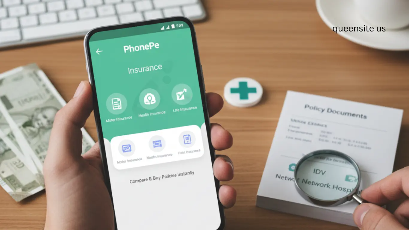 A close-up shot showing a person holding a smartphone displaying the "PhonePe Insurance" screen, which offers options for Motor, Health, and Life Insurance. In the foreground, there are Indian rupee notes, a magnifying glass resting on policy documents that show the letters "IDV," and a white cross symbol (often associated with health). The image promotes checking key details like IDV (Insured Declared Value) before buying insurance through the PhonePe app.