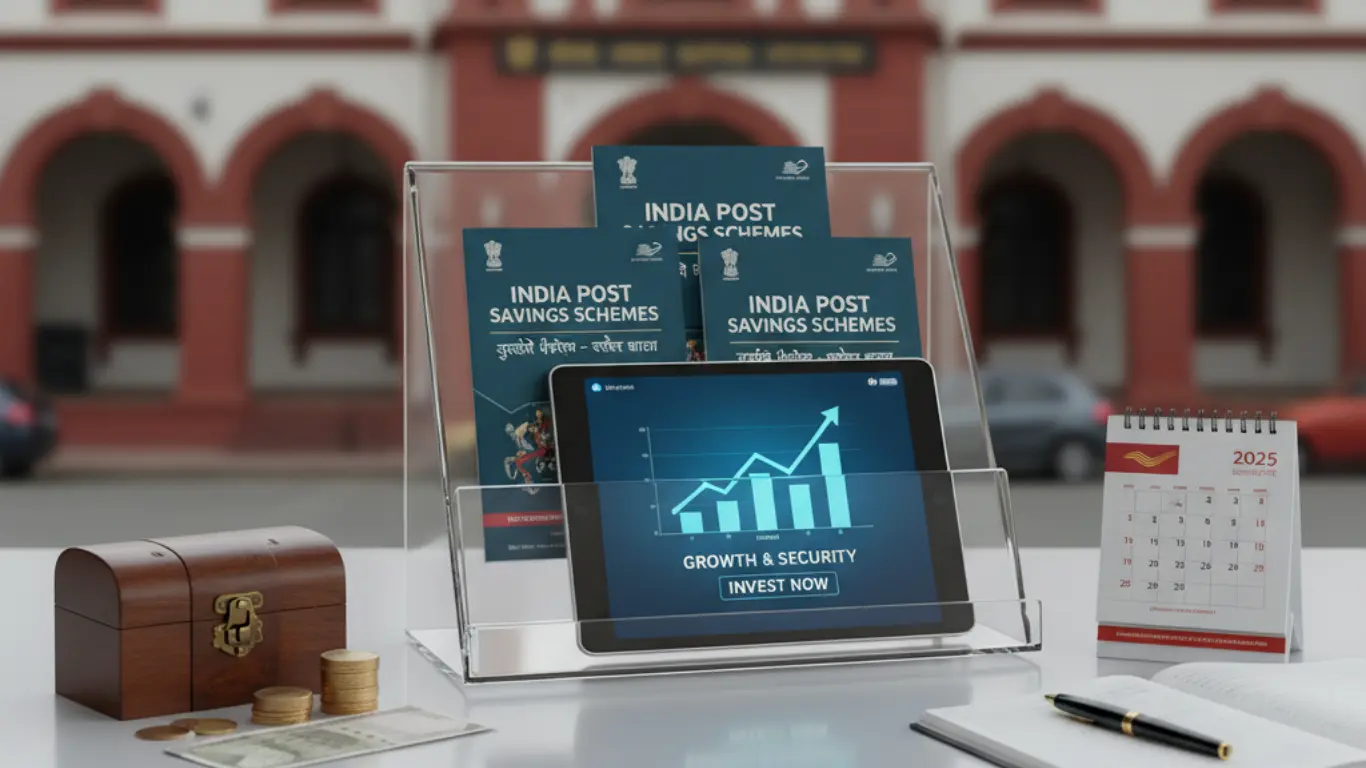 Post Office Savings Schemes India 2025. A desk with brochures, a tablet showing investment growth, a treasure chest with coins, and a 2025 calendar, all set against a traditional Indian post office building, symbolizing reliable investment and financial planning.
