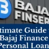 A close-up photograph featuring the Bajaj Finserv logo in large 3D white letters against a dark grey building facade. The blue and white Bajaj Finserv logo symbol is visible on the left. The bottom half of the image is covered by a large dark blue overlay with the text: "Ultimate Guide to Bajaj Finance Personal Loan" in white. In the bottom right corner of the blue overlay, there is small white text that reads "queensite us".