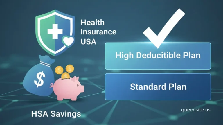 Health insurance USA cost comparison, featuring HSA High Deductible Plan icon and financial protection shield. Health Insurance USA
