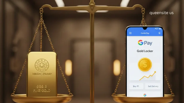A digital balance scale weighs a physical asset against a digital one. On the left side is a large, shining gold bar engraved with "MMTC-PAMP 999.9 FINE GOLD" and a lotus logo. On the right side, a smartphone screen displays the Google Pay "Gold Locker" interface, showing the Google Pay logo, a gold coin icon, an upward trend line, and options like "Buy ₹1" and "Sell Delivery." The image visually represents the comparison between physical gold investment and digital gold investment through Google Pay.