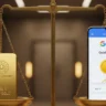 A digital balance scale weighs a physical asset against a digital one. On the left side is a large, shining gold bar engraved with "MMTC-PAMP 999.9 FINE GOLD" and a lotus logo. On the right side, a smartphone screen displays the Google Pay "Gold Locker" interface, showing the Google Pay logo, a gold coin icon, an upward trend line, and options like "Buy ₹1" and "Sell Delivery." The image visually represents the comparison between physical gold investment and digital gold investment through Google Pay.