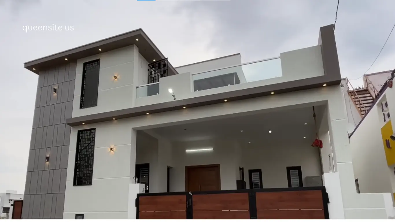 Modern two-story house with white and grey exterior, large windows, balcony, and wooden gate,Home insurance